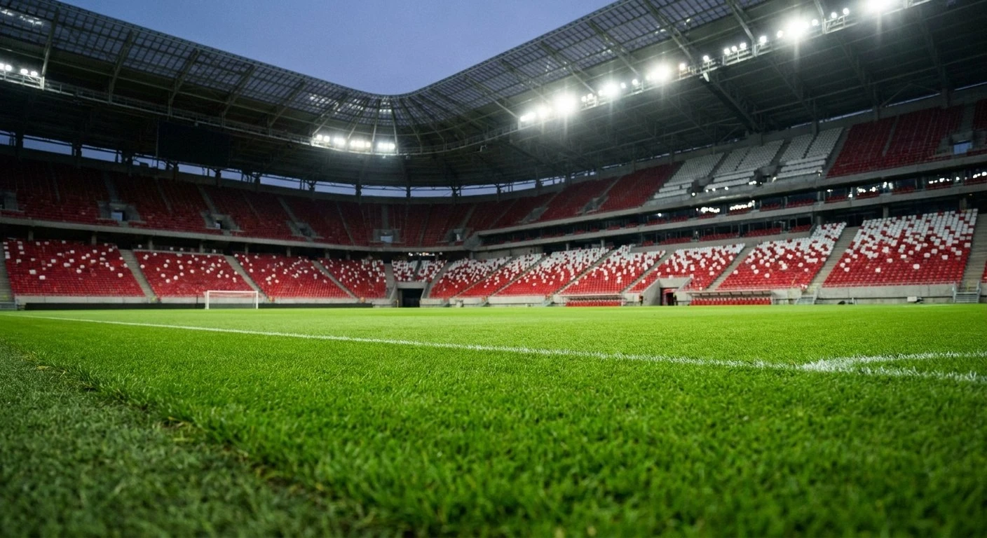 Low-angle view of a green football pitch with white painted lines. Behind it, a large stadium features empty red and